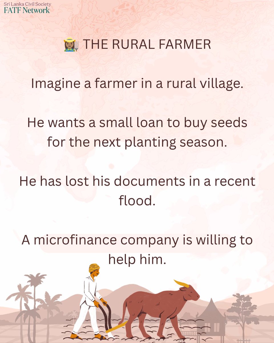 sl_cso_fatf's tweet photo. 🧵1/3 What can happen if the Financial Transactions Reporting Act is passed?

A farmer loses his documents in a flood. He needs a small loan to buy seeds for the next planting season. A microfinance company wants to help.

@ambikasat https://t.co/qFqvRTs6cd