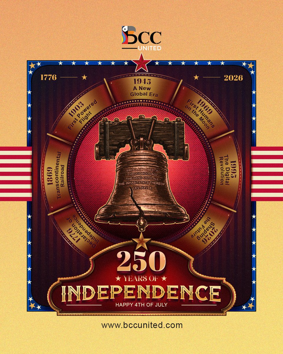 bcc_united's tweet photo. July 4, 2026 marks the 250th anniversary of American independence. This historic milestone is an opportunity to reflect on a quarter millennium of progress, honour the enduring ideals of liberty and self-determination, and look ahead to the future with optimism and purpose.

#USAIndependenceDay #4thOfJuly #America250 #UnitedStatesofAmerica #BCCUNITED