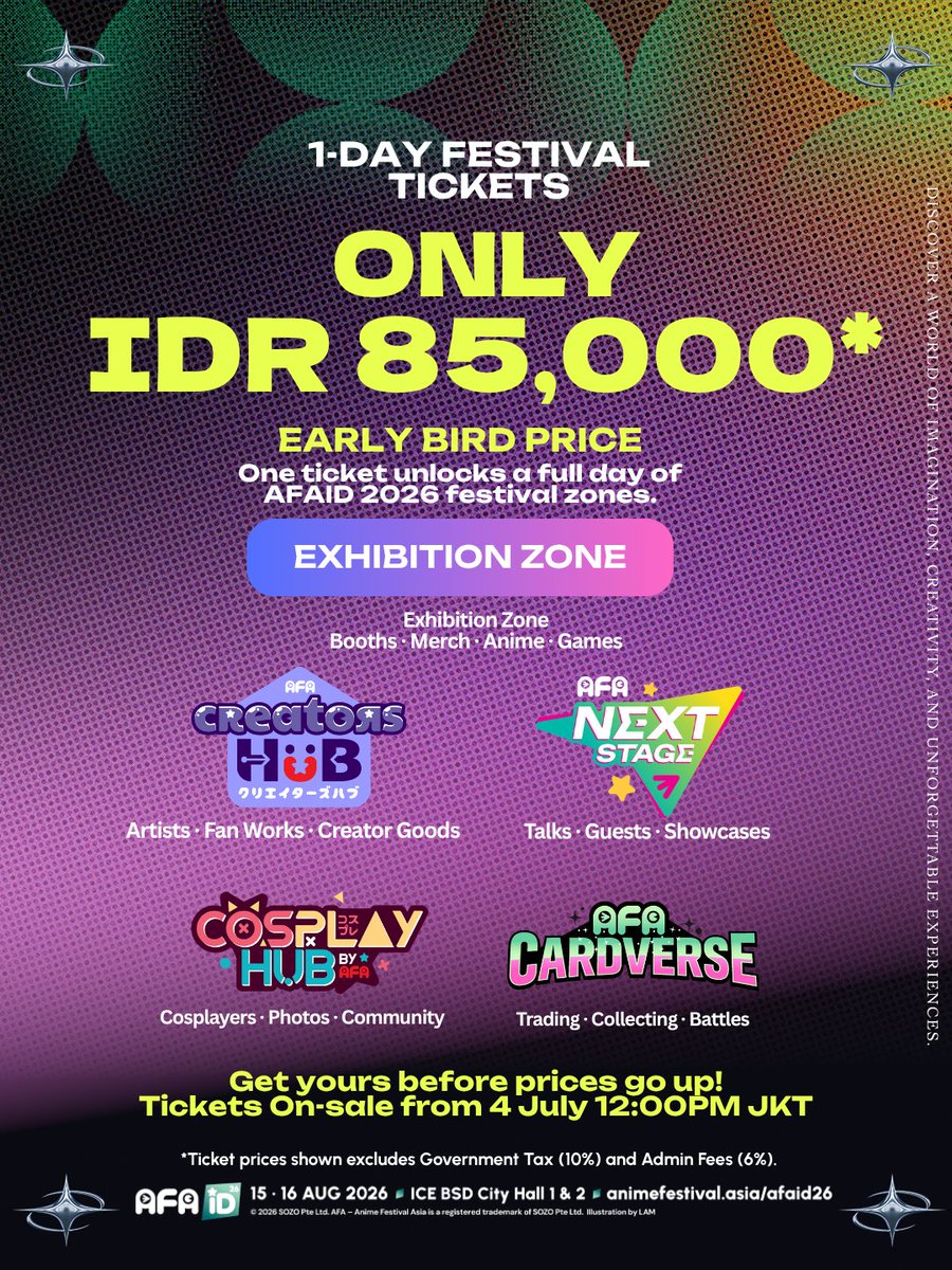 animefestasia's tweet photo. #AFAID26🔥 Harga Festival Termurah Sepanjang Sejarah AFAID! 🔥
Mulai dari IDR 85,000 per hari, dengan akses festival yang kini lebih lengkap!

Tickets ON SALE NOW!
https://t.co/wzwn4FRv7c

🎟️Festival Tickets start from only IDR 85,000/day, the cheapest AFAID Festival Ticket ever! https://t.co/aRNgjBMgGA