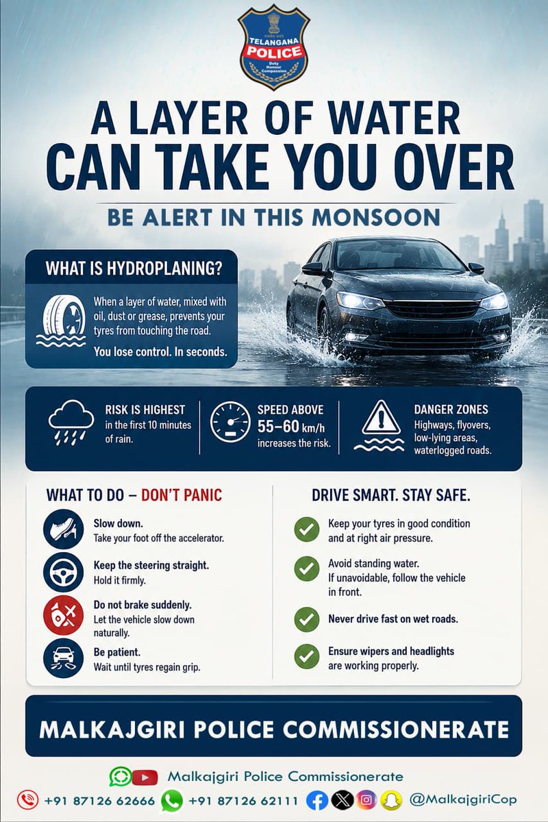 AbdullapurmetPS's tweet photo. #MonsoonSafety #RoadSafety #DriveSafe #Hydroplaning #SafeDriving @AbdullapurmetPS @MalkajgiriCop https://t.co/7cTNO4Clnb