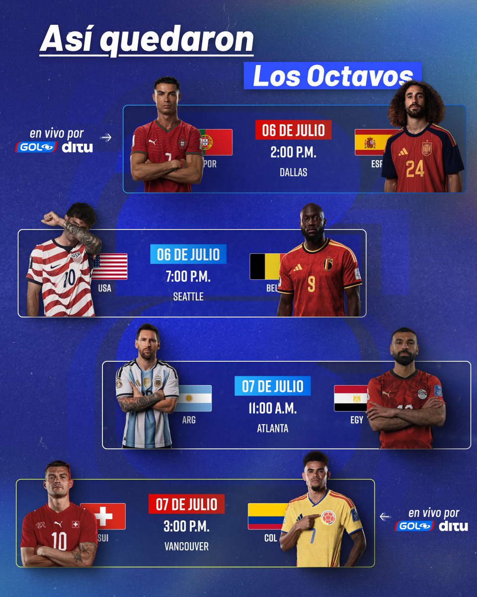 GolCaracol's tweet photo. 🏆⚽ ¡ASÍ SE JUGARÁN LOS OCTAVOS DE FINAL!

Desde este sábado y hasta el próximo martes se disputarán los duelos que definirán a las ocho mejores selecciones del Mundial 2026. 🌎🔥

Se vienen enfrentamientos imperdibles, donde cada partido será una auténtica final. 👀💥 ¿Cuál es el cruce que más esperan ver? 🤔👇

#FutboleroGol #Futbol2026