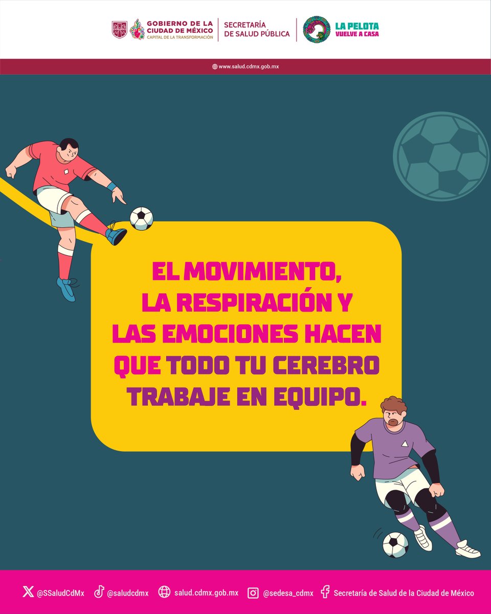 SSaludCdMx's tweet photo. ⚽🧠 ¿Sabías lo que sucede en tu cerebro cuando juegas futbol? ¡Todo un equipo se activa! Tus neuronas coordinan movimiento, respiración y emociones.

🤓 ¿Lo sabías? Comparte esta información para que tus amixes futboleras y futboleros también sepan. 👏

#SaludEnLaCancha #LaPelotaVuelveACasa #SaludPública #LaPrevenciónEsParteDelJuego #PrevenirEsGanar
