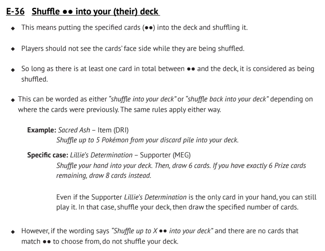 BlueDazeLee's tweet photo. When using Roto-stick and add all 4 Supporter cards to hands,

TPC: shuffle
TPCi: don't shuffle

In TPC, only "Shuffle up to X ●● into your deck" (and ●● is 0) or "both ●● and deck are nothing" don't shuffle.
In TPCi, don't shuffle  when ●● is 0 except shuffle all (hands) https://t.co/JMaigG1ZXF
