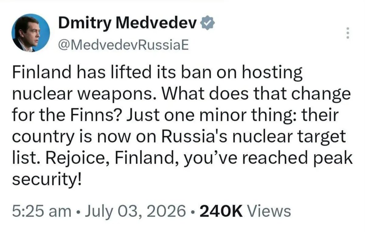 Glenn_Diesen's tweet photo. Medvedev has a point, more weapons does not always produce more security. Deterrence must be balanced by reassurance to mitigate the security dilemma. Finland was a successful neutral state, now it is the largest frontline against Russia. https://t.co/q6Y31czksE