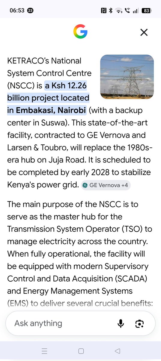 rodgers_adai's tweet photo. The KETRACO National Control Centre: Among the prequalied bidders were Electrical Engineering  Technology leaders General Electric GE,  ABB ( now HITACHI) and Siemens. When Tender came out, it was more of Civil Building . ABB and Siemens pulled out. GE got Larsen and Toubro L&T as its Civil Partner. So GE was the sole bidder.
One wonders why you had to get L&T to come and do a small building here.
If you look at what KETRACO says:
Grid Stability, Renewable Energy Integration', the red highlight in the attachment, it will CERTAINLY NOT do. 
A Control Centre just monitors.
It cannot control devices responsible for Grid Stability
The actual control devices are at the Power Station and Substation level.
Second: this control centre has limited Substations. To effectively monitor the Network, you need ALL KENGEN, IPPS, KPLC Substations and Power Stations
Which the station will not have.
and all synchronised to one GPS clock.
This way, can know what triggered and sequence of a disturbance. 
But KETRACO Control Centre will not have.
Remember it is just monitoring NOT active control. 
The most complete SCADA is the existing KPLC National Control System though it is not connected to KENGEN.
It would only have required setting up just a Workstation at the KETRACO head office in a room the size of a Boardroom.
Just Shs 5m would have been enough.
Let them finish construction. One day we will interrogate this White Elephant.