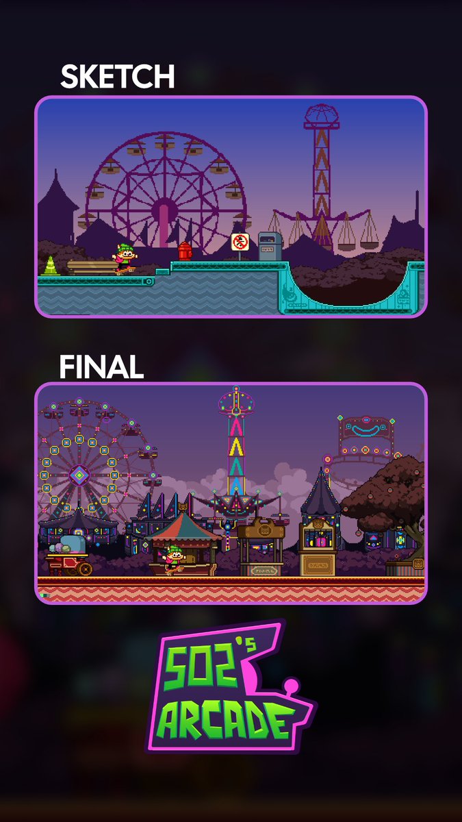 502Studios's tweet photo. A peek behind the scenes at how our fair level came to life in CatFlip! 🎡
It's amazing what pixels can do. ✨
#indiegame #indiedev #fair https://t.co/J6rN2bYnA4