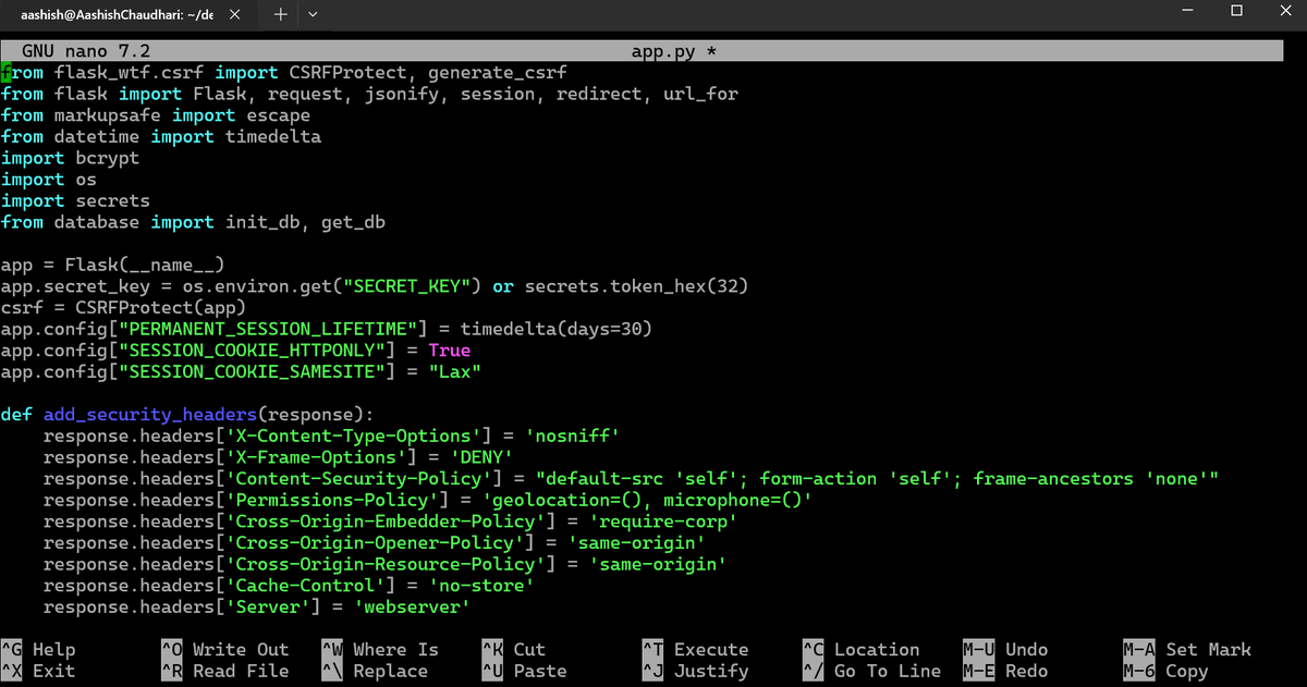 aashishhq's tweet photo. #LSPPDay34 — Added CSRF protection to every form today using Flask-WTF! Tested that a raw POST without the token gets rejected with 400. One more layer of the OWASP Top 10 addressed 
@lftechnology #60DaysOfLearning2026 #LearningWithLeapfrog https://t.co/f3ZnMY49kK