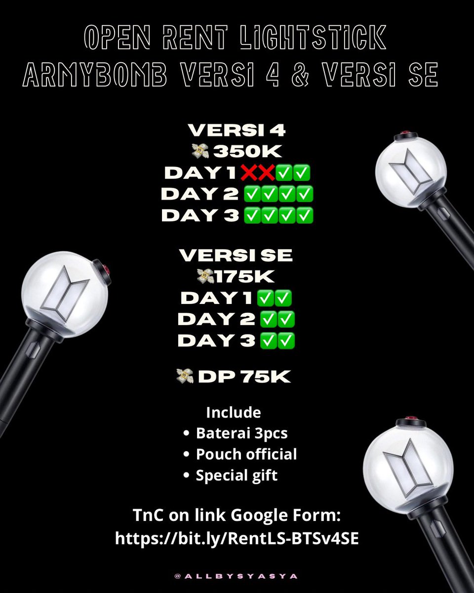 allbysyasya's tweet photo. WTR (Want To Rent) lightstick BTS
ArmyBomb Versi 4 &amp; SE for BTS "Arirang" in Jakarta

Ready
Versi 4 💸 350k 
Day 1 ❌❌❌❌
Day 2 ❌❌✅✅
Day 3 ❌✅✅✅

Versi SE 💸 175k
Day 1 ✅✅
Day 2 ✅✅
Day 3 ✅✅

‼️Dp 75k‼️
 🔗 link booking slot
https://t.co/gfLtiCIzfU
📩 QnA via DM https://t.co/4qu3ufREGd