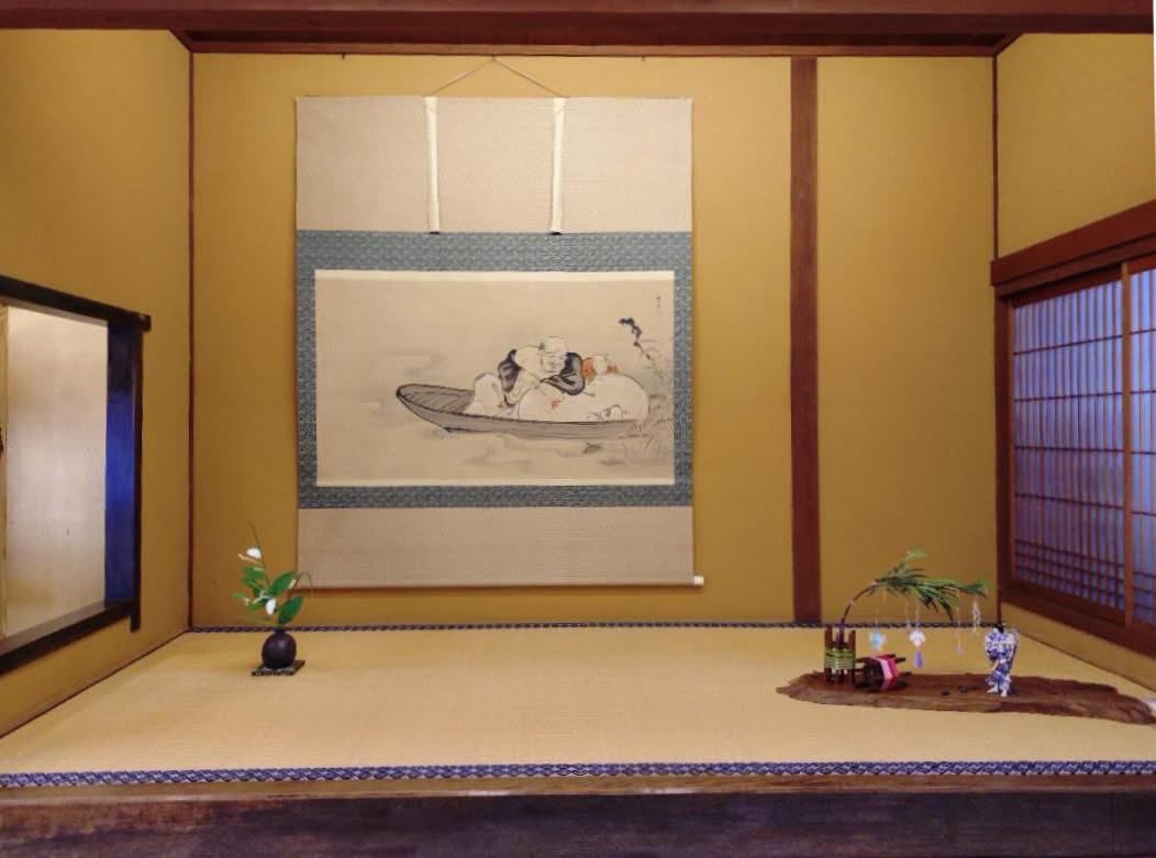 7月のしつらい 狩野惟信筆「舟中布袋図」 布袋と童子、近づく亀が描か