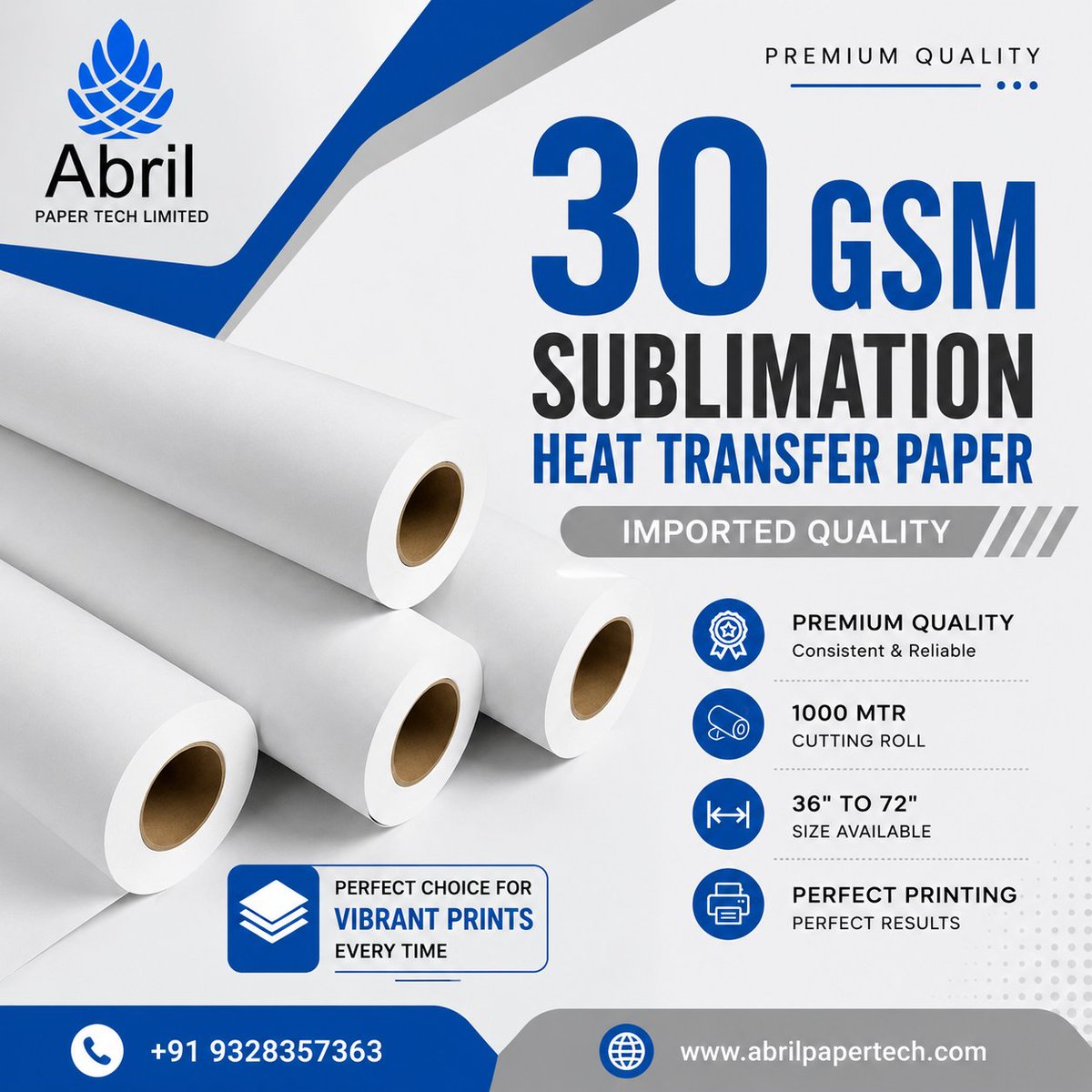 abrilpaper's tweet photo. ✅ SUBLIMATION HEAT TRANSFER PAPER ROLL 

 We are Importer and Supplier of Sublimation Heat Transfer Paper based on Surat - Gujarat.

 ▪️QUALITY WE SUPPLY ARE 
✅ 30 GSM (IMPORTED QUALITY)
✅ VIRGIN 5 STAR GRADE PAPER

▪️ Available Sizes 
 ✅ 36"(inch) TO 63"(inch)

▪️ Width
✅ 1000 MTR cutting roll

✅ To check paper quality We send free sample roll 

☎️ +91-9328357363
🌐 https://t.co/3MyVPodiwv
✉️ sales@abrilpapertech.com

Looking forward to business with you.
🏬 Abril Paper Tech Limited 
📍Surat - Gujarat.

#sublimationpaperroll
#dyesublimationpaperroll 
#heattransferpaperroll 
#sublimationheattransferpaper 
#30gsmsublimationpaper