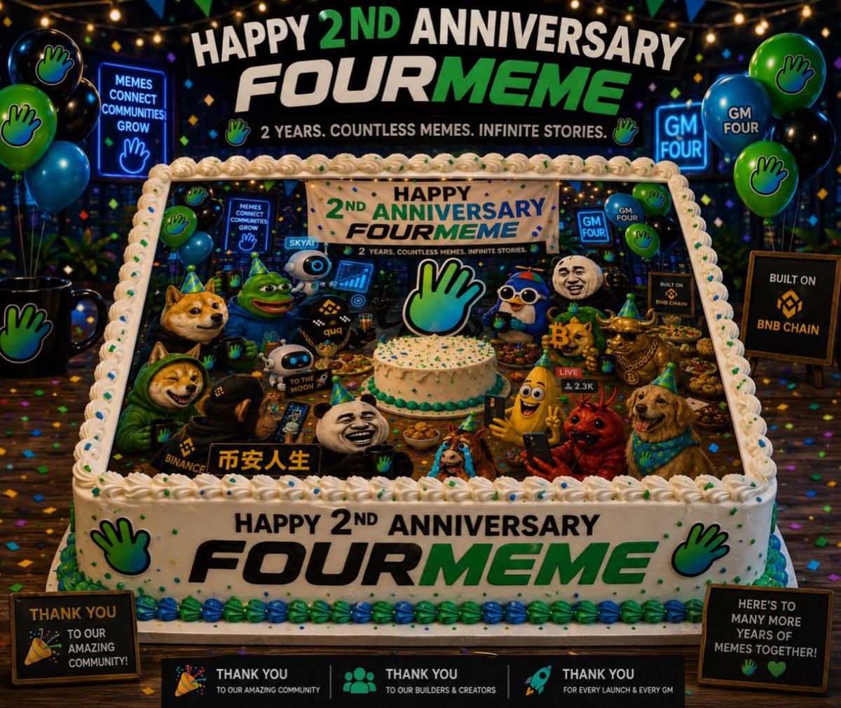 0xvynex's tweet photo. Cheers to FourMeme, for creating unforgettable memories, forging a stronger community, and together building the legendary Meme culture. 🥂

#HappyBDayFour #HBD4Meme 
@fourdotmemezh https://t.co/6hXIB5qKqH