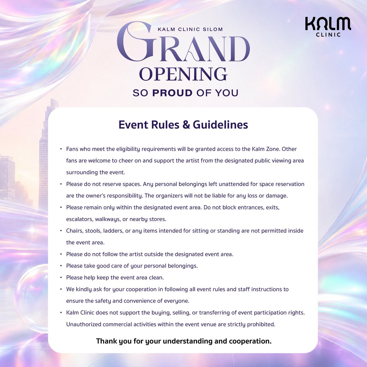 kalm_clinic's tweet photo. Important Information Before Attending the 𝐊𝐚𝐥𝐦 𝐂𝐥𝐢𝐧𝐢𝐜 𝐒𝐢𝐥𝐨𝐦 𝐆𝐫𝐚𝐧𝐝 𝐎𝐩𝐞𝐧𝐢𝐧𝐠: 𝐒𝐨 𝐏𝐫𝐨𝐮𝐝 𝐎𝐟 𝐘𝐨𝐮 #KalmSoproudofyou

Thank you for being part of this special milestone.

𝐒𝐨 𝐏𝐫𝐨𝐮𝐝 𝐎𝐟 𝐘𝐨𝐮
Proud of every version of you. 💙

📍 Save the Date
9 July 2026
Time: 10:30 AM to 8:30 PM
Location: United Center Silom

Kalm Zone Entry
The Kalm Zone will be open from 4:00 PM onwards, exclusively for participants who have completed all required activities and are wearing an event wristband.
#KalmClinicxEST #est_rvp
#KalmClinic #KalmClinicxATLAS