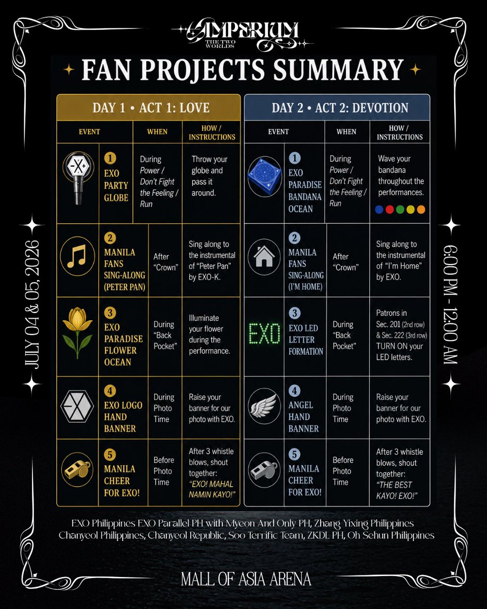 ForEXO_mnl's tweet photo. ✨ YOUR COMPLETE FAN PROJECT GUIDE IS HERE! ✨

From the first light of Act I: Love to the final cheers of Act II: Devotion, here’s your quick guide to all the fan projects happening during EXO PLANET #6 – EXhOrizon in Manila.

Take a moment to review the schedule, know when each project happens, and how you can participate. Every voice, every light, every banner, and every cheer will help create unforgettable memories for EXO and for all of us.

📌 Save the fan project guide to your phone so you can easily pull it up during the concert whenever you need a quick reminder.

Together, let’s make both days truly unforgettable. 🖤

#EXhOrizonInManila #EXO #엑소 @weareoneEXO