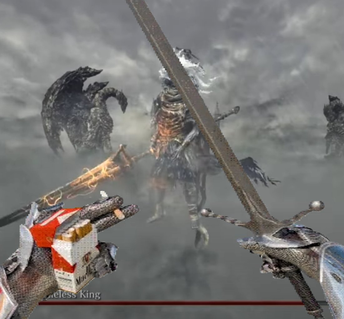 OceanKnight5's tweet photo. @CocktailHermit Made this 2 years ago in like 10 minutes. and the harderst part was finding a screenshot where the camera was low and close enought to make it appear like you were seeing the nameless king in first person https://t.co/a2W3jIssFD