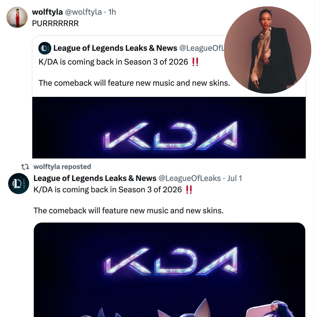 AroushTheKween's tweet photo. Wolftyla who voiced Kai'Sa in "The Baddest" &amp; "Drum Go Dum" retweeted the KDA comeback tweet 😱 It could mean KDA is indeed returning this year 🎶🥹

AND NO MAGA JAIRA BURNS WE WONNNN 💅 

#KDA https://t.co/dC7vVhnNpz