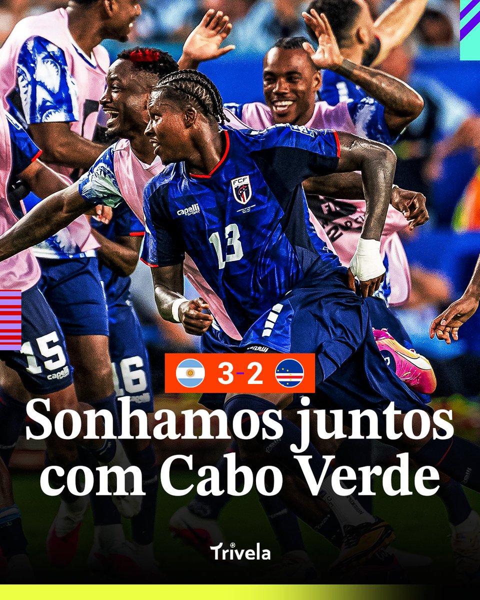 trivela's tweet photo. Entrou na Copa como um estreante, sem muitas expectativas. Sai sendo a maior história da edição. 

A menor nação a disputar um mata-mata em todos os tempos. Tão pequena e ao mesmo tempo tão grande.

No final, ainda nos deu a esperança de eliminar a Argentina. Não uma qualquer, a de Lionel Messi. A atual campeã do mundo. E foi por tão pouco.

Obrigado por tudo, Cabo Verde. Esperamos vê-los novamente. 🇨🇻
