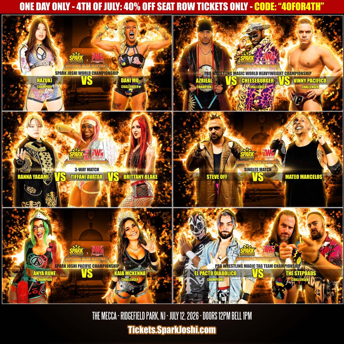 SparkJoshiPuro's tweet photo. ONE DAY ONLY SALE: Use the code "40FOR4TH" for 40% off seated row tickets only, midnight to midnight ET on 4th of July!

The Mecca - Ridgefield Park, NJ
Sunday 7/12
Doors+Stardom Meet &amp; Greets 12p, Bell 1p ET

https://t.co/SC99AKpO4m

#wrestling #prowrestling #puroresu #プロレス https://t.co/4oOlxcCRwt