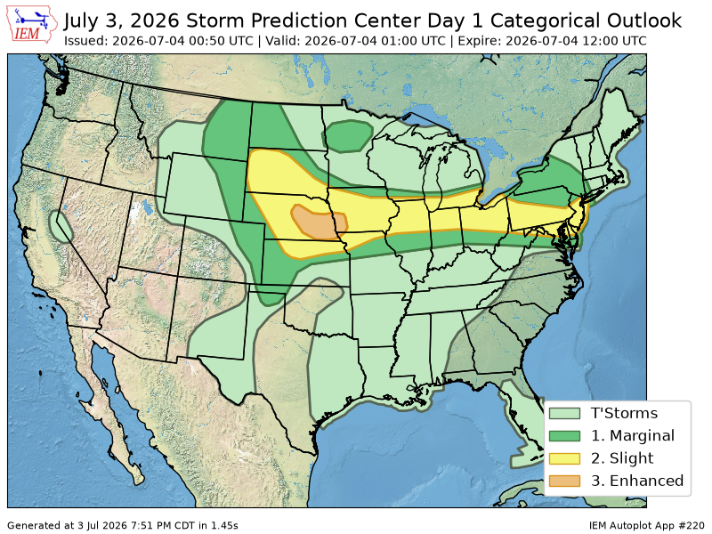 iembot_spc's tweet photo. The Storm Prediction Center issues Day 1 Convective Outlook (Max Risk: Enhanced) at Jul 4, 0:50z https://t.co/MZ18zcA6LF https://t.co/GcMCYCWOTr