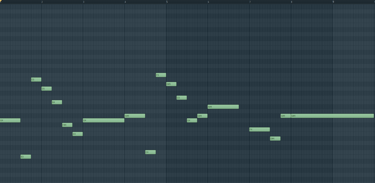 TyphonDst's tweet photo. @NegativeSymptom Here are the patterns in FL Studio. The first is the melody that comes after the drum section of BK, the second is The Chase. They're in different keys and have slightly different jumps in semitones, but the shape is the same. Third is LG from BK. They're clearly different. https://t.co/HrqHRN5uDS