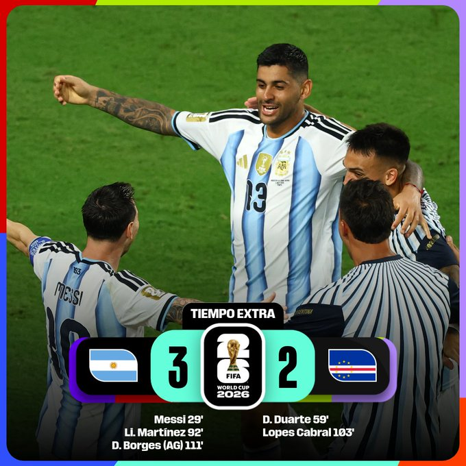 romanomad82's tweet photo. #Mundial2026 #FWC26 #FinalStage 1/16 Final. #Game87 #ARGvsCPV 1-1. 3-2 (Prórroga). Messi, Lisandro y Romero #ARG / Duarte y Lopes Cabral #CPV Victoria de #ARG en la prórroga contra las cuerdas. Alivio porque sintieron que pudieron perder. Histórico #CPV MVP: Lisandro #ARG https://t.co/i2NNwkl7CH