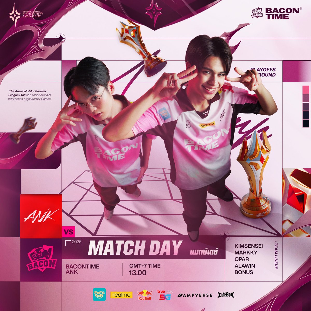 bacontimes's tweet photo. #APL2026 : บ่ายโมงวันนี้! ถึงเวลาตะลุยรอบน็อกเอาต์ 🔥
.
รอบ Quater Finals พวกเรา 𝐵𝑎𝑐𝑜𝑛 𝑇𝑖𝑚𝑒 🐷 จะลงสนาม 🆚 𝐴𝑁𝐾 𝐺𝑎𝑚𝑖𝑛𝑔 🔴 ในคู่แรก เวลาประมาณ 13.00 น.
.
นี่คืออีกหนึ่งด่านหิน ที่เราต้องผ่านไปให้ได้ อย่าลืมมาเชียร์กันนะ
.
#ทีมBaconTime #Ampverse
#BACdiwa #APL2026VP
#SupportYourAPLclub