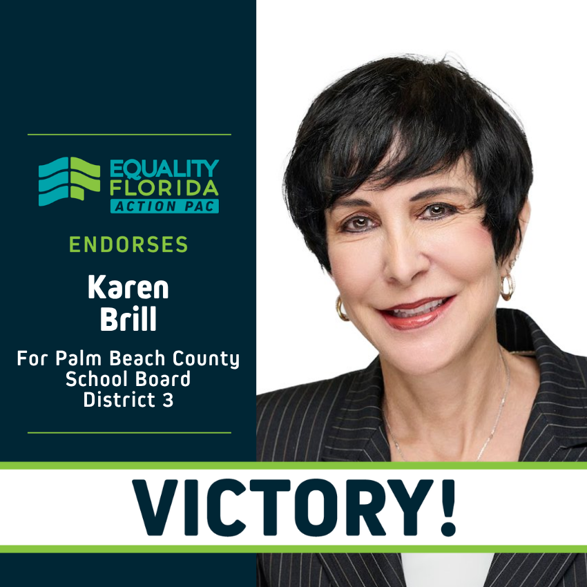 eqfl_actionPAC's tweet photo. Congratulations @KarenMBrill on your election to the Palm Beach Co. School Board D3! You earned the support of the LGBTQ community because of your clear dedication to ensuring every student is protected and every family is respected. Please join us in congratulating Brill! https://t.co/yW3oBC1Exn