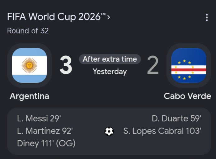 Pi_UpdatesDaily's tweet photo. WHAT. A. MATCH. 🤯 Cabo Verde pushed Argentina to the absolute limit, but the Albiceleste secure their spot in the Round of 16 after an insane 120-minute battle!

​🇦🇷 Argentina 3 - 2 Cabo Verde 🇨🇻 (AET)

​#WorldCup2026 #ARGvCPV #Argentina #CaboVerde #Messi https://t.co/PDe8WgbBca