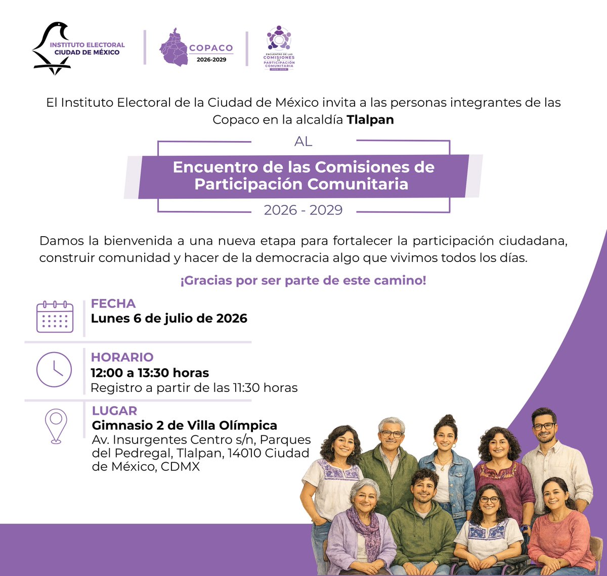 Distrito16IECM's tweet photo. El Instituto Electoral de la Ciudad de México te invita a participar en los Encuentros COPACO 2026-2029,
📅 Fecha: Lunes 6 de julio de 2026
⏰ Hora: 12:00 horas
📌 Dirección: Av. Insurgentes Centro s/n, Parques del Pedregal, Tlalpan, 14010 https://t.co/7OX2QO66FI