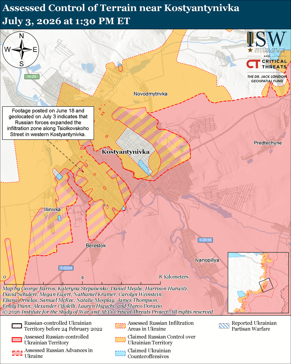 TheStudyofWar's tweet photo. NEW: Russian President Vladimir Putin claimed late on July 3 that Russian forces seized Kostyantynivka, contrary to all available evidence of the true extent of Russian advances in the city. 🧵(1/3)

Russian forces have achieved tactical gains within Kostyantynivka in recent weeks, but the bulk of the Russian presence in the city is comprised of small groups of infiltrators interspersed with Ukrainian positions. 

Putin likely staged the meeting with his commanders late on July 3 at least in part to influence Western media coverage of the war into the weekend, particularly the July 4 holiday in the United States. Putin and the Russian Ministry of Defense are already trying to capitalize on the informational victory of the claimed seizure of Kostyantynivka and will likely continue to do so in the coming days and weeks.

Other Key Takeaways ⬇️