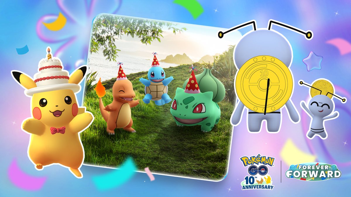 PokemonGOAppJP's tweet photo. トレーナーの皆さん、パーティーハットを準備しましょう！ お祝いの時間です！🎉 

『Pokémon GO』で10周年記念イベントが始まりました！ #ポケモンGO https://t.co/eNMMuJGNJp