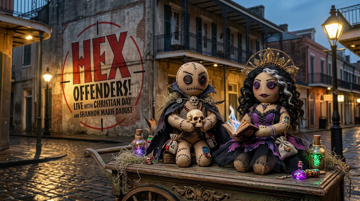 Christian_Day's tweet photo. At 9pm Eastern Time, Wednesday, July 8th, 2026, join Witches Christian Day and Shannon Marie Daoust for Hex Offenders Live! This week we're exploring the magic of New Orleans with Kalila Smith  and Street Griot Jae!

https://t.co/fnoeH4k9bG https://t.co/LVhvYqFTnd