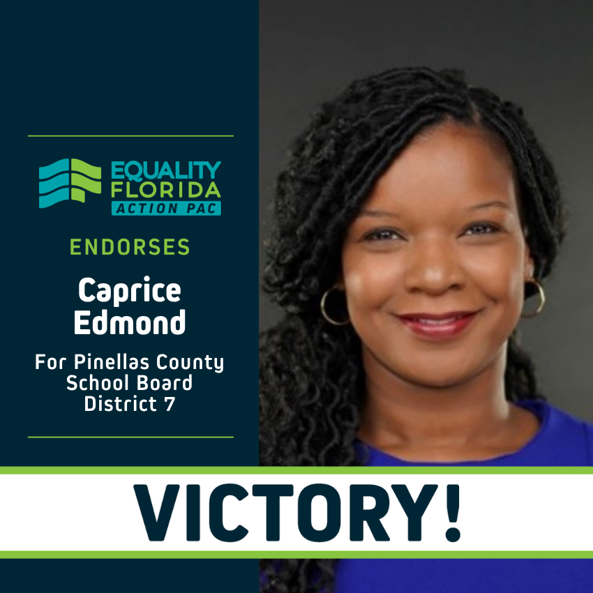 eqfl_actionPAC's tweet photo. Congratulations @CapriceEdmond on your election to the Pinellas Co. School Board D7! You earned the support of the LGBTQ community because of your clear dedication to ensuring every student is protected and every family is respected. Please join us in congratulating Edmond! https://t.co/zcNKLBoUgK