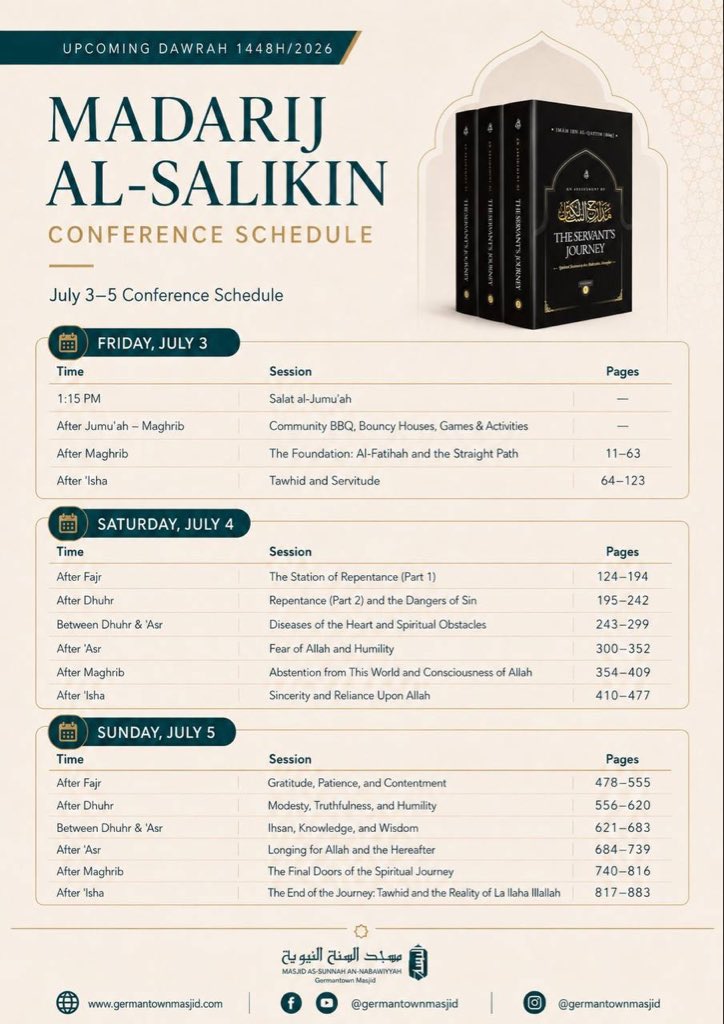 GtownMasjid's tweet photo. Summer Seminar 1448/2026

Madarij Al-Salikin ( The Servants Journey) by Imām Ibn al-Qayyim

The Foundation: Al-Fatihah and The Straight Path

Shaykh Hassan Somali

🖥️ https://t.co/6x7UJ3aEEm

🎧 https://t.co/TfiLhY0Vmt https://t.co/h4opOmPuTu