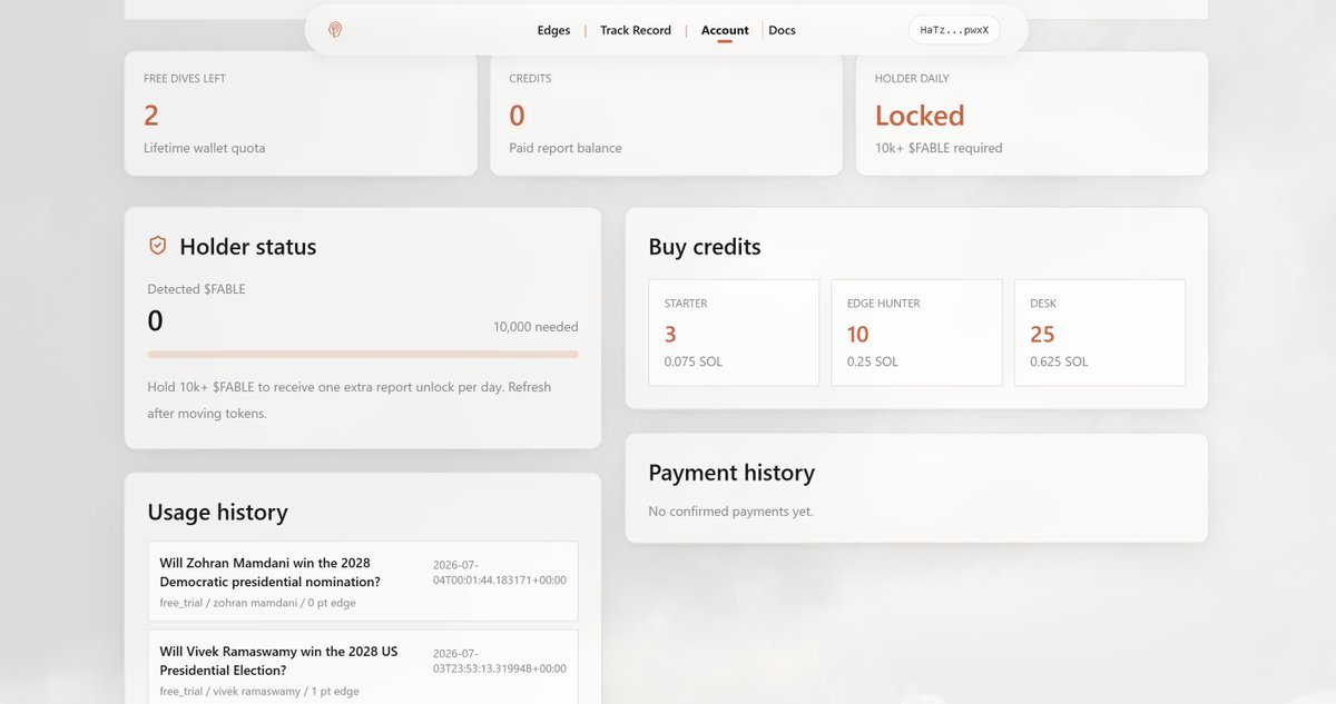 FableMindx's tweet photo. Quick tutorial on how to use FableMind

First connect on our website: https://t.co/Vutm7QvTZf
-> You'll automatically gain 5 free deep dives.

Hold 10k+ $FABLE: 1 extra report unlock per day.

" I need more " You can buy report credits in SOL on our app. https://t.co/yZGZiHeqI8