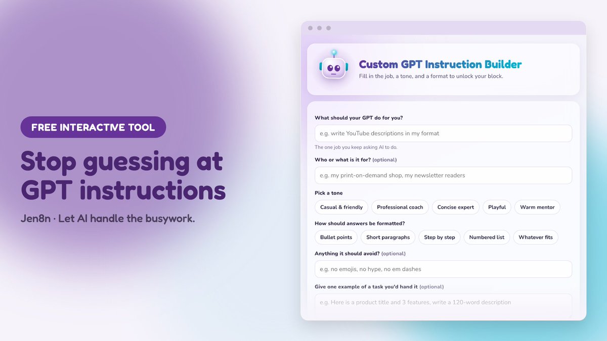 Jen8nflows's tweet photo. I built a free tool that writes your custom GPT's system instructions. AD

Pick the job, tone, and format. It gives you a copy-paste block and conversation starters.

Read More ==> https://t.co/xf9jyx82LD

#customgpt
#aitools https://t.co/30w6AbOIts