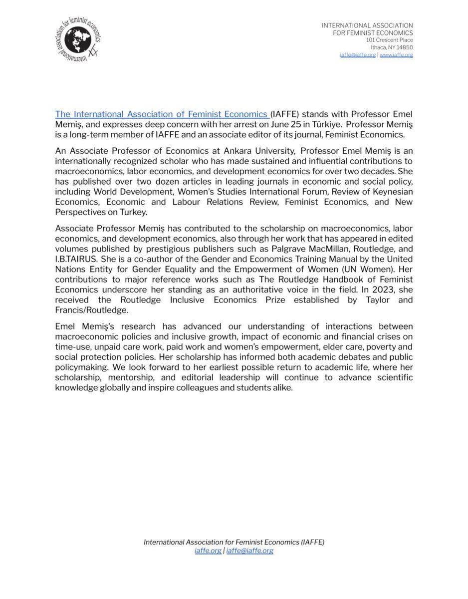 yasemindildar's tweet photo. The International Association of Feminist Economics (IAFFE) stands with Professor Emel Memiş, and expresses deep concern with her arrest on June 25 in Türkiye. @IAFFE https://t.co/X3sAJUFomR