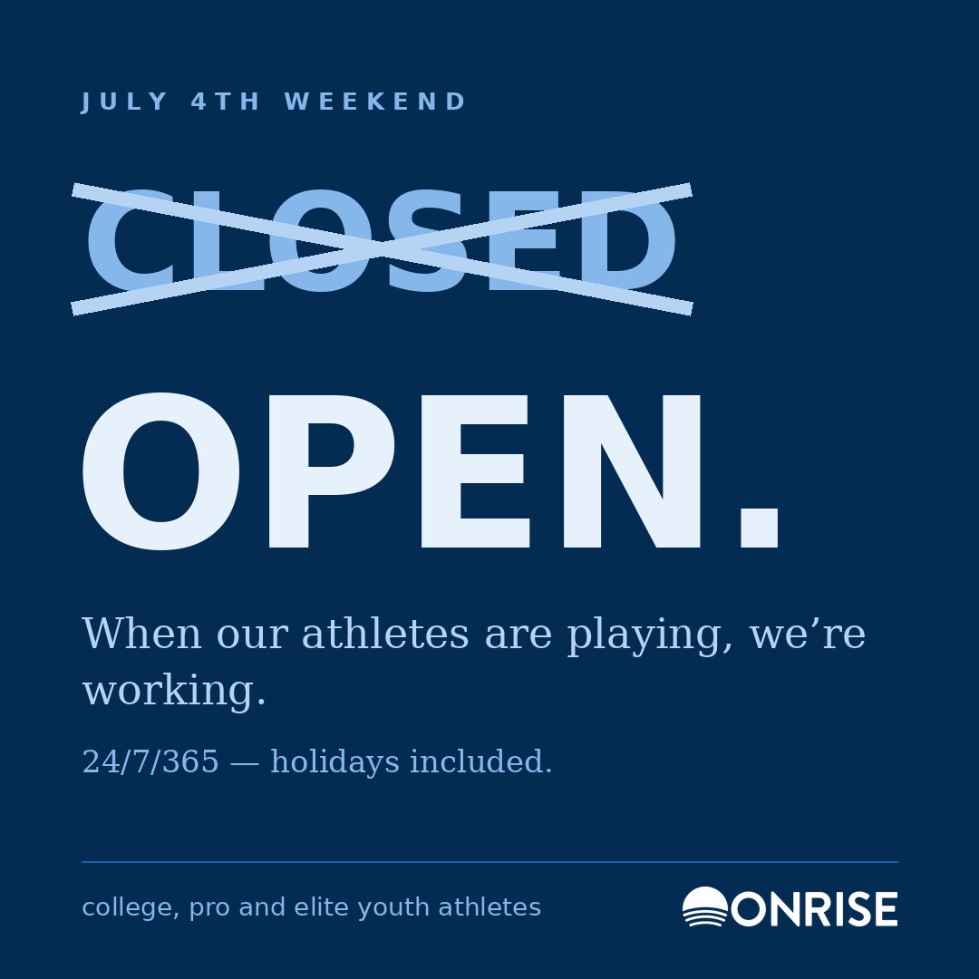 OnriseCare's tweet photo. Tomorrow, most of the world hangs a sign on the door.
Not us. When our athletes are playing, we're working.
That's the deal we made. 

Onrise is open 24/7/365. 

Happy 4th. Go play. We've got the sideline.🇺🇸 https://t.co/WjQvGpJo3t