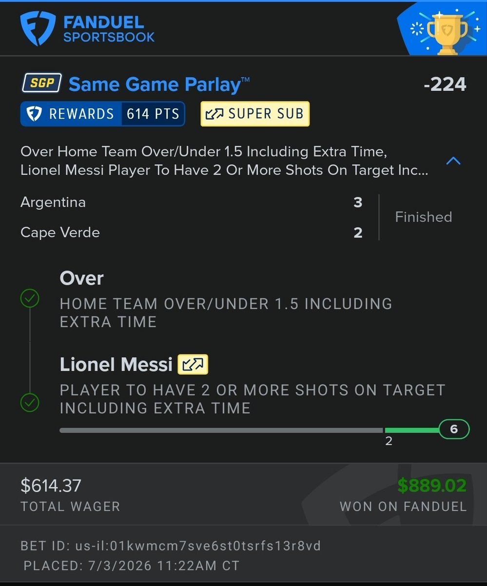 PickPoison66815's tweet photo. @CodyBrownBets I started eith a $75 bankroll (instead of $50). This Argentina match was wild! ET being included on FD is even wilder. Thanks for the 2nd to last leg of the ladder 🪜!!!! 1 more to go baby... https://t.co/KVby3c5Csm