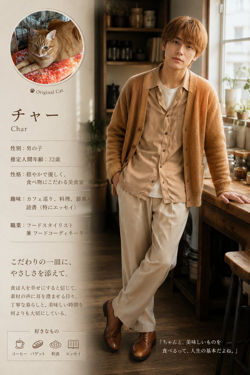 nyan_zemi's tweet photo. 猫をリアル擬人化してみたら…？こうなった🤣

チャー氏バージョン🐈️

やり方とプロンプトはリプ欄と画像ALTにあるので是非やってみてください👇️
#猫擬人化 https://t.co/0cRn7MMz2O
