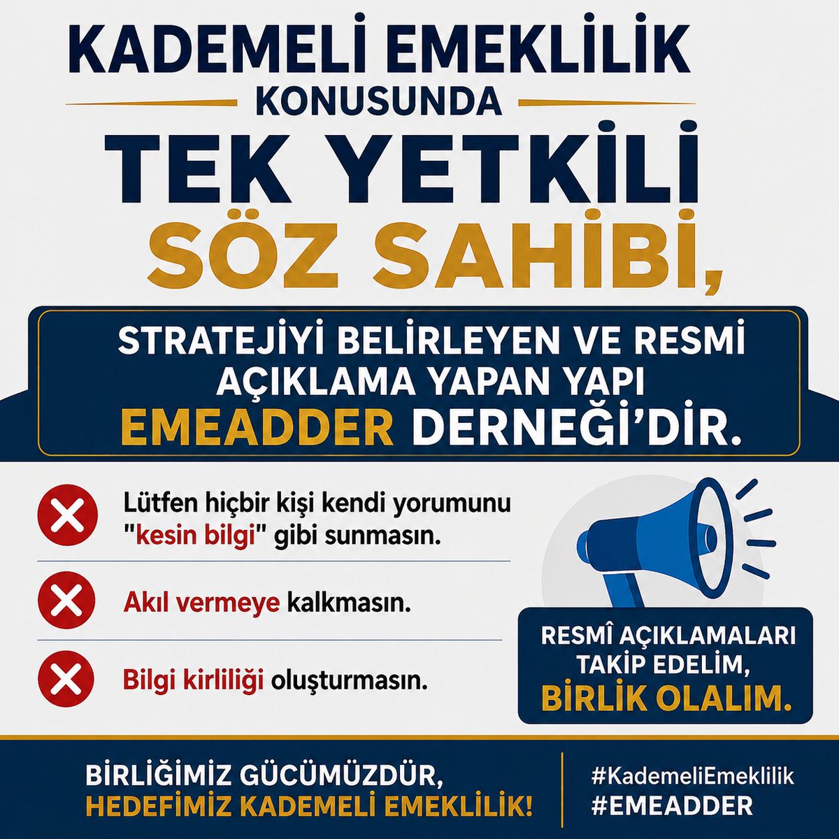 ycelltaskin16's tweet photo. Kademeli emeklilik konusunda tek yetkili söz sahibi, stratejiyi belirleyen ve resmi açıklama yapan yapı EMEADDER Derneği'dir. Lütfen hiçbir kişi akıl vermeye kalkmasın ve bilgi kirliliği oluşturmasın. Resmî açıklamaları takip edelim, birlik olalım.
#KademeTorbaYasaya https://t.co/kLukjB8ZHt