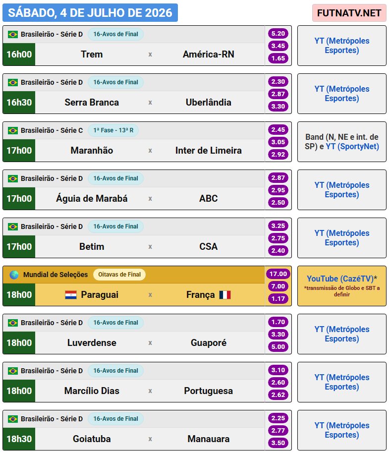 futnatv's tweet photo. A programação do futebol neste sábado (4/7/2026) https://t.co/81RdweA6CD