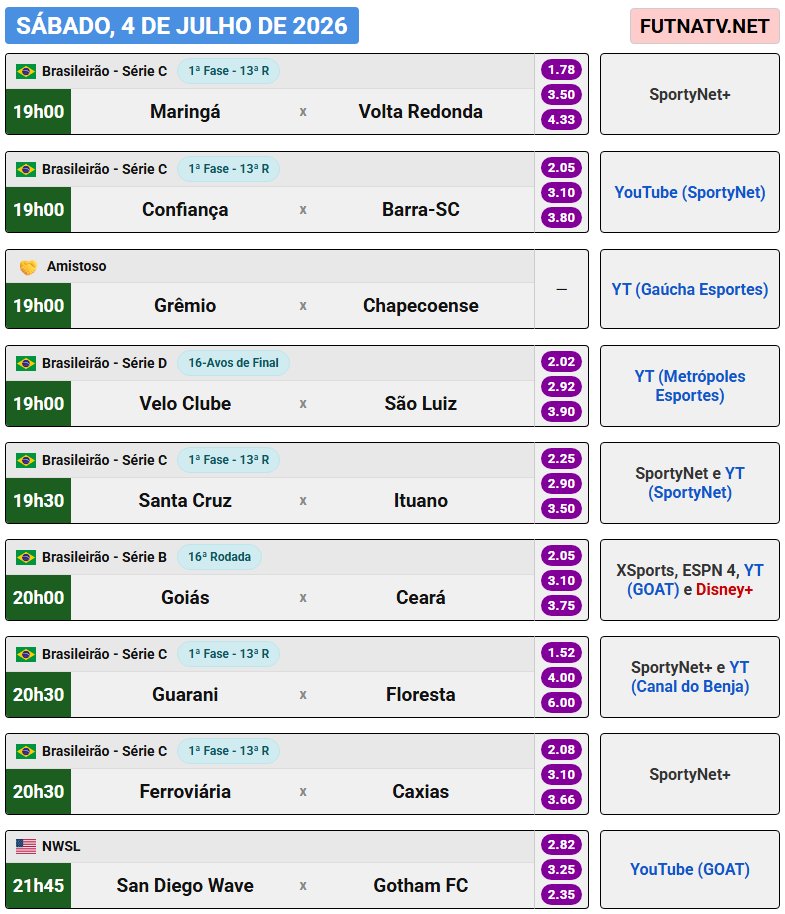 futnatv's tweet photo. A programação do futebol neste sábado (4/7/2026) https://t.co/81RdweA6CD