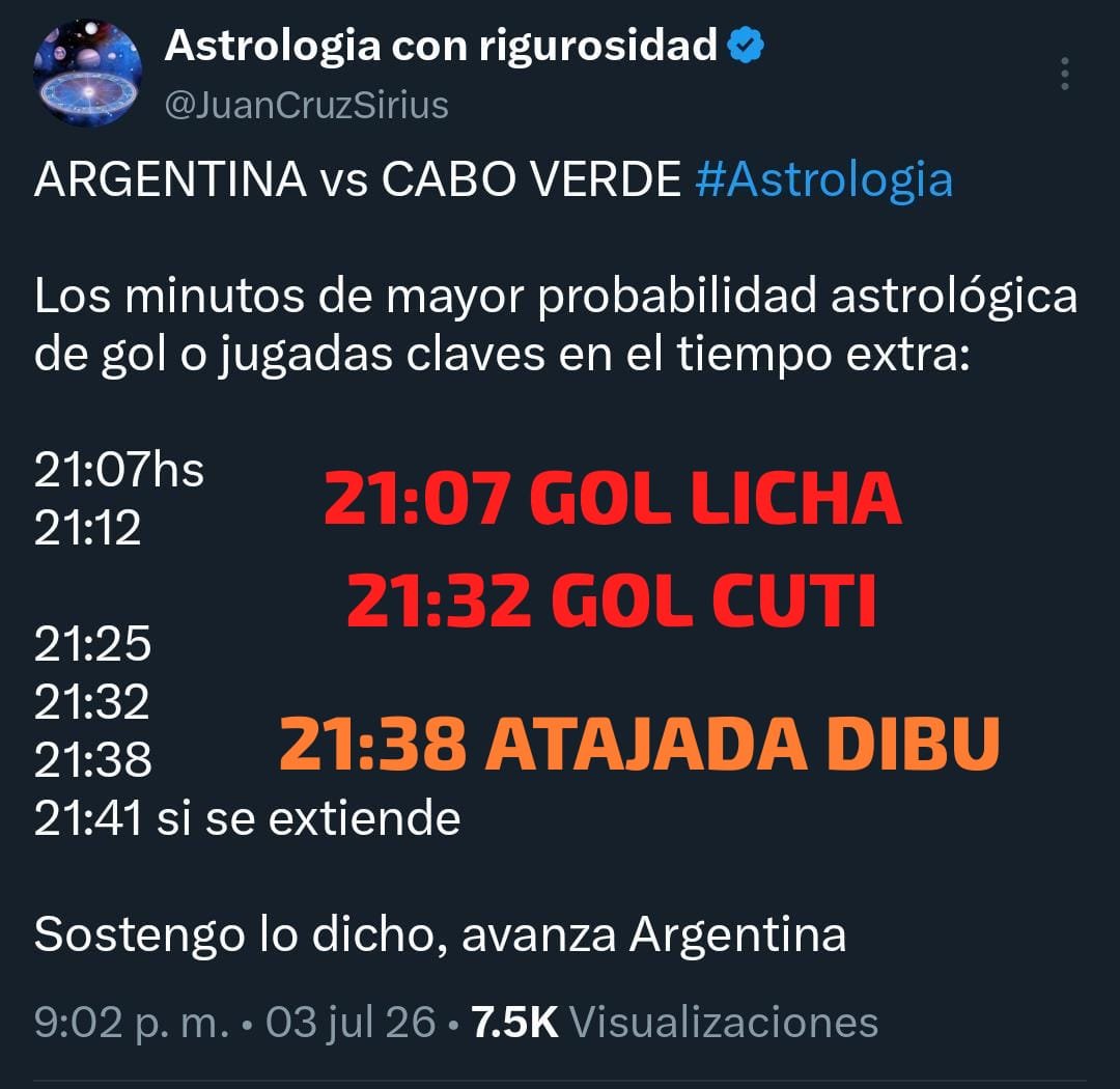 JuanCruzSirius's tweet photo. ASTROLOGO PREDIJO LOS MINUTOS DE LOS GOLES EN EL ALARGUE (Y QUE ARGENTINA AVANZARIA)

Son años de estudio, investigación, errores y aprendizajes.

Cuando la astrología es aplicada con rigurosidad, da resultados asombrosos

Juan Cruz Sirius 
Más de 150 pronósticos cumplidos https://t.co/nVOnWZ9IJ5