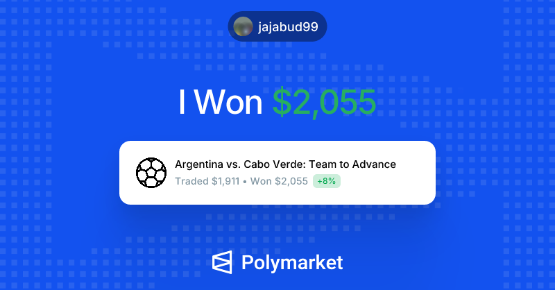 jajabud99's tweet photo. I just won $2,055.00 on @Polymarket!

Join me and put your money where your mouth is: https://t.co/QTnTKFkgUM https://t.co/N7A3cwNPEK