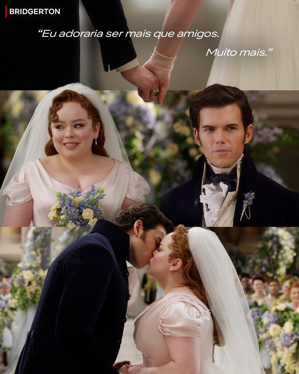 PolinCrave's tweet photo. Netflix Brasil on Instagram posts Penelope Bridgerton nee Featherington and Colin Bridgerton at their wedding.

“Eu adoraria ser mais que amigos. Muito mais.” -  “I would love to be more than friends. So much more.”

“E viveram felizes para sempre? 💍❤️” - “And they lived happily ever after? 💍❤️”