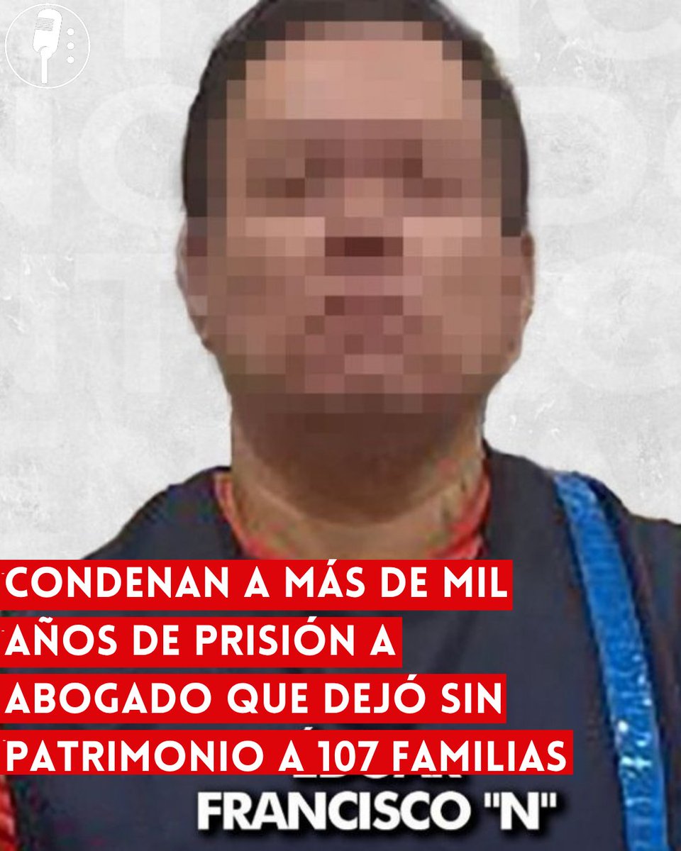 YosoyPedrero's tweet photo. 🚨OJO: CONDENAN A MÁS DE MIL AÑOS DE PRISIÓN A ABOGADO QUE DEJÓ SIN PATRIMONIO A 107 FAMILIAS

En León, Guanajuato, Edgar Francisco Franco Ríos, ligado al despacho jurídico Punto Legal, fue sentenciado a más de mil 18 años de prisión por encabezar un fraude inmobiliario que dejó sin patrimonio a 107 familias.

Las indagatorias apuntan a que el abogado implementó esquemas con apariencia legal para concretar la venta de viviendas sin sustento jurídico, generando confianza entre las víctimas.

Como parte de la resolución, se fijó una reparación del daño cercana a los 30 millones de pesos, destinada a las familias afectadas por este esquema fraudulento.

La Fiscalía General del Estado calificó la condena como un precedente importante, al reconocer el impacto que tuvo este delito en decenas de hogares que perdieron el esfuerzo de toda su vida.