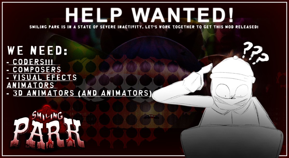 smiling_park_'s tweet photo. WE NEED YOUR HELP!

Contact these Discord accounts if you're interested:
- baconfreak2006
- byrox1648
If you can't help, you can retweet this so it reaches more people.

#SouthPark #SmilingPark #southpark #fnfmod #fridaynightfunkinmod @FNFnewsespanis @FNFNewsAnnounc1 https://t.co/MleOytxVMl