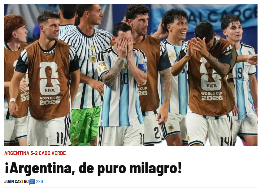 Nexofin's tweet photo. 🚨🇦🇷 #AHORA | “Qué susto, Argentina”: la reacción de la prensa internacional a la agónica victoria de Argentina sobre Cabo Verde

Los detalles de la nota 👇
https://t.co/mH4jenKJCZ https://t.co/y8FOYyG5vW