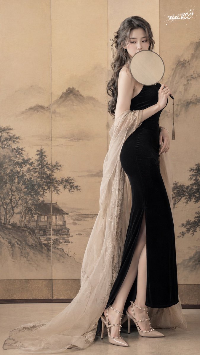 Cyan_Aesthetics's tweet photo. A modern beauty stepping out of a Song dynasty painting.

Soft beige silk paper, ink-wash mountains, a quiet round fan, ash-gray waves, and a black fitted dress — cold, elegant, distant.

Modern fashion meets Eastern classical beauty.

#AIart #AIPhotography #FashionEditorial #EasternAesthetic #InkWash #DigitalArt #XixiVSC