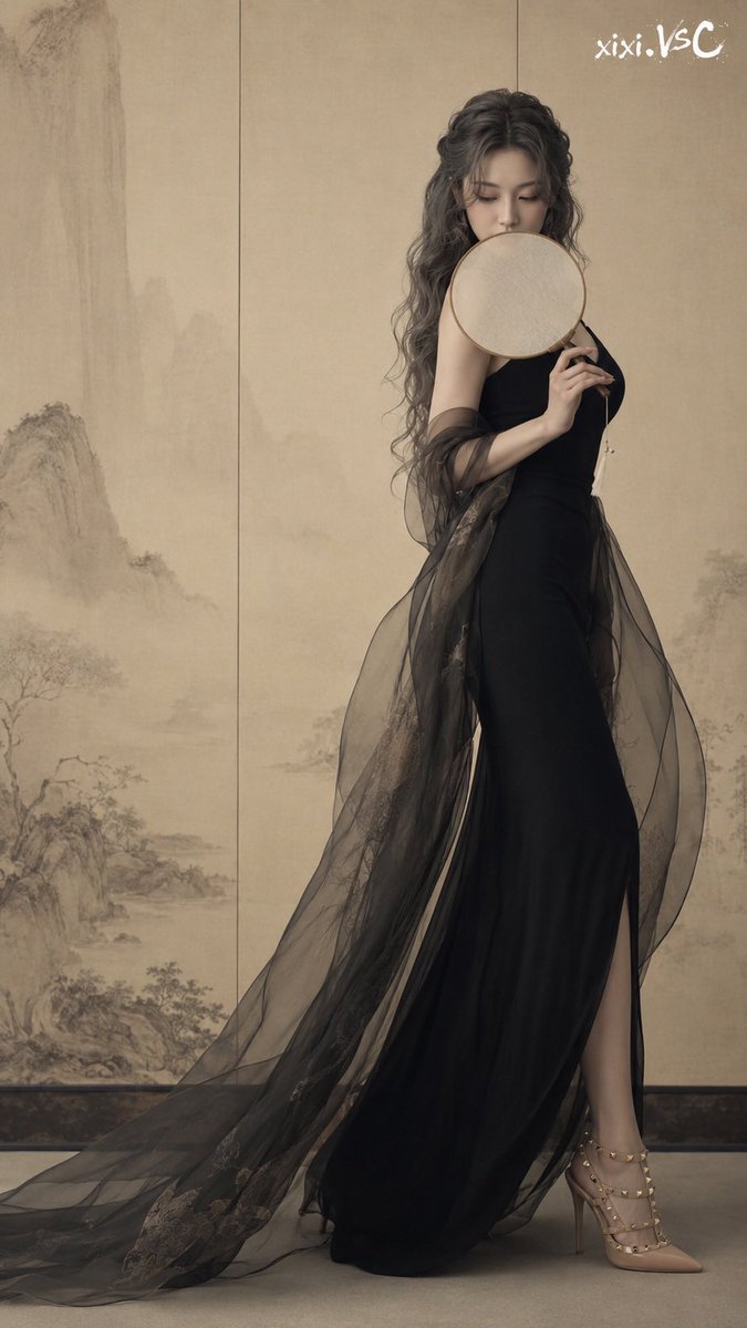 Cyan_Aesthetics's tweet photo. A modern beauty stepping out of a Song dynasty painting.

Soft beige silk paper, ink-wash mountains, a quiet round fan, ash-gray waves, and a black fitted dress — cold, elegant, distant.

Modern fashion meets Eastern classical beauty.

#AIart #AIPhotography #FashionEditorial #EasternAesthetic #InkWash #DigitalArt #XixiVSC